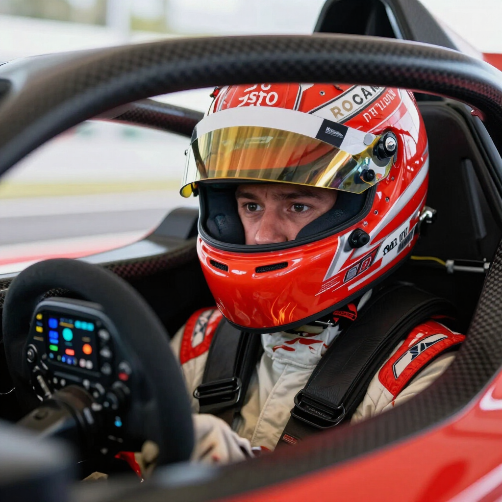 Race car driver in a red helmet seated in a cockpit, focused behind the steering wheel