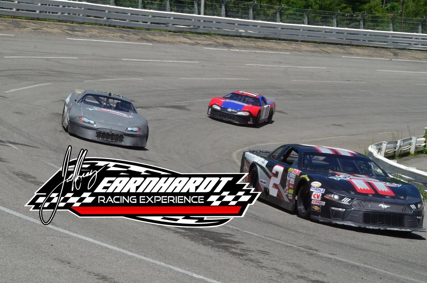 Three race cars on a track with a Ferrand Racing Series logo overlay