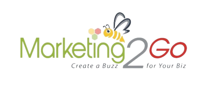 Marketing2Go logo with green and red text, bee above the “2,” and tagline “Create a Buzz for Your Biz”