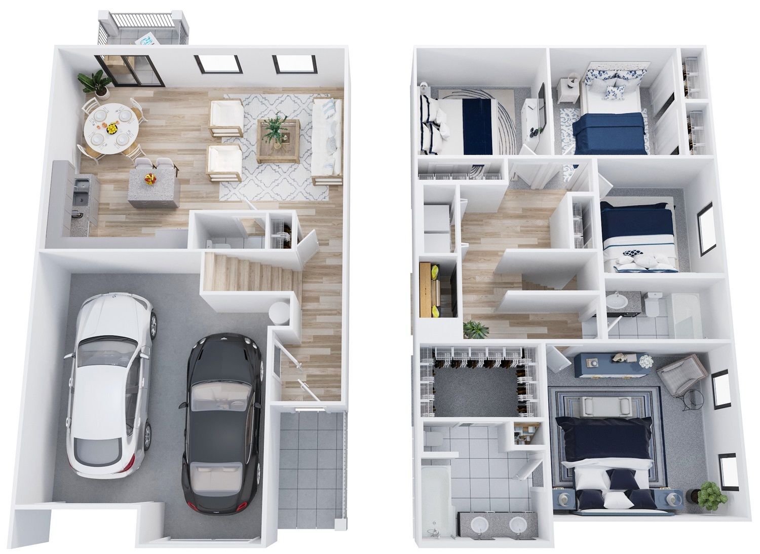 Split-level 3D house floor plan with living room, kitchen, garage, bedrooms, and bathrooms