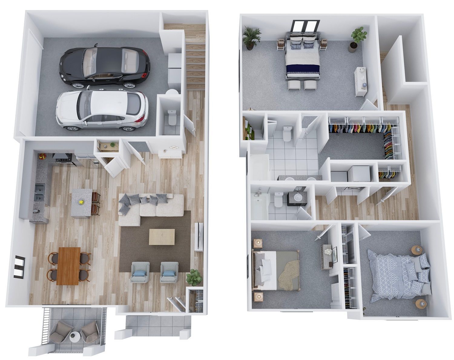 Top-down 3D floor plan of a furnished home with garage, kitchen, living room, and bedrooms.