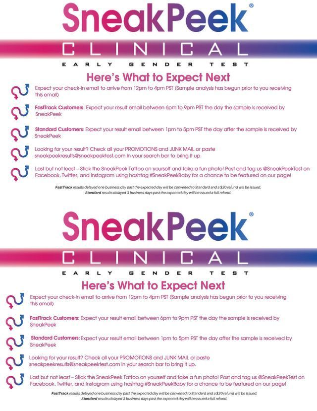 Two vertical flyers for SneakPeek Clinical Early Gender Test. Each has text with icons.