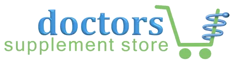 Doctors supplement store logo with blue and green text and a green shopping cart icon