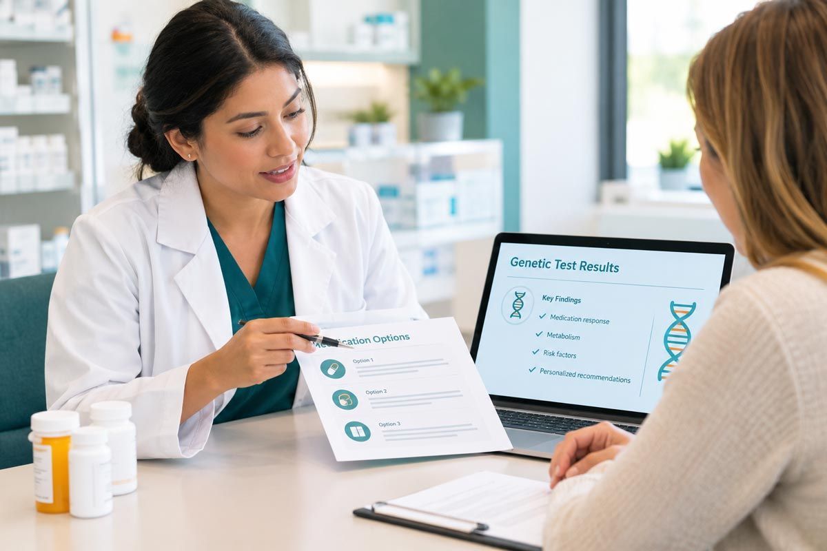 Doctor reviewing paperwork with a patient in a bright clinic office, laptop open beside them.