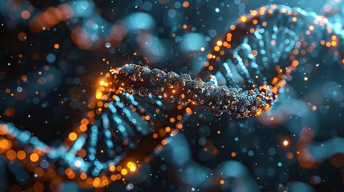 Glowing blue-orange DNA double helix with floating light particles on a dark background
