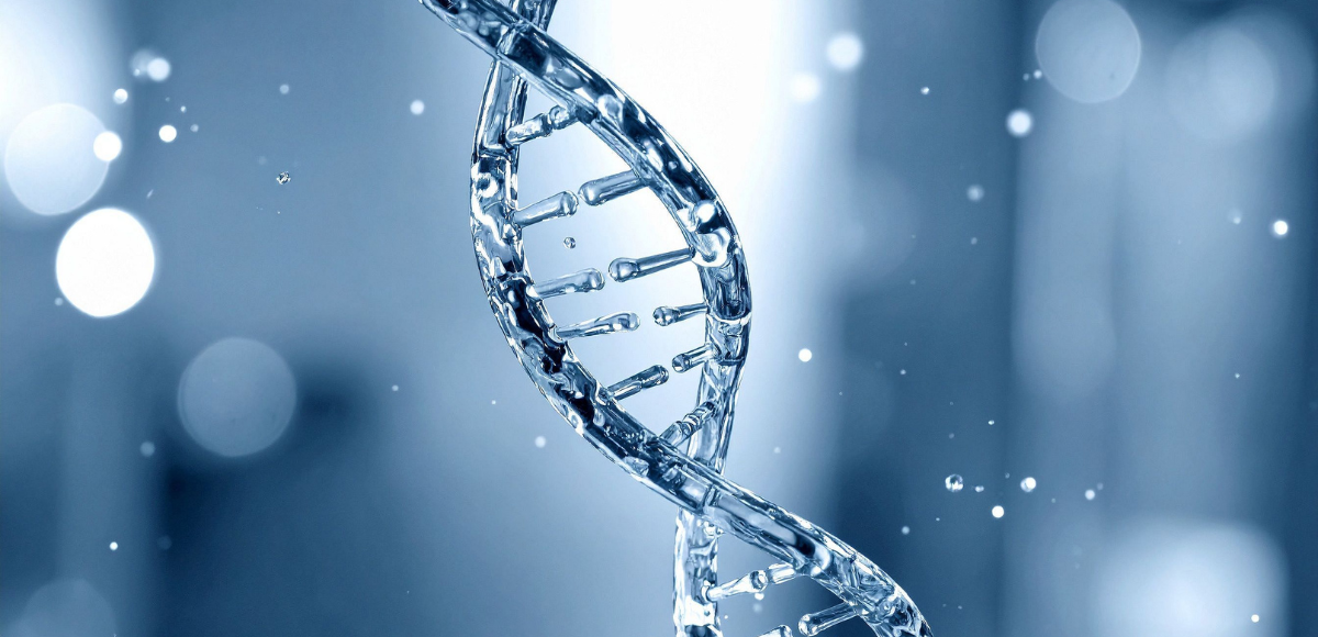 Blue DNA helix with glowing bokeh lights in a scientific abstract background
