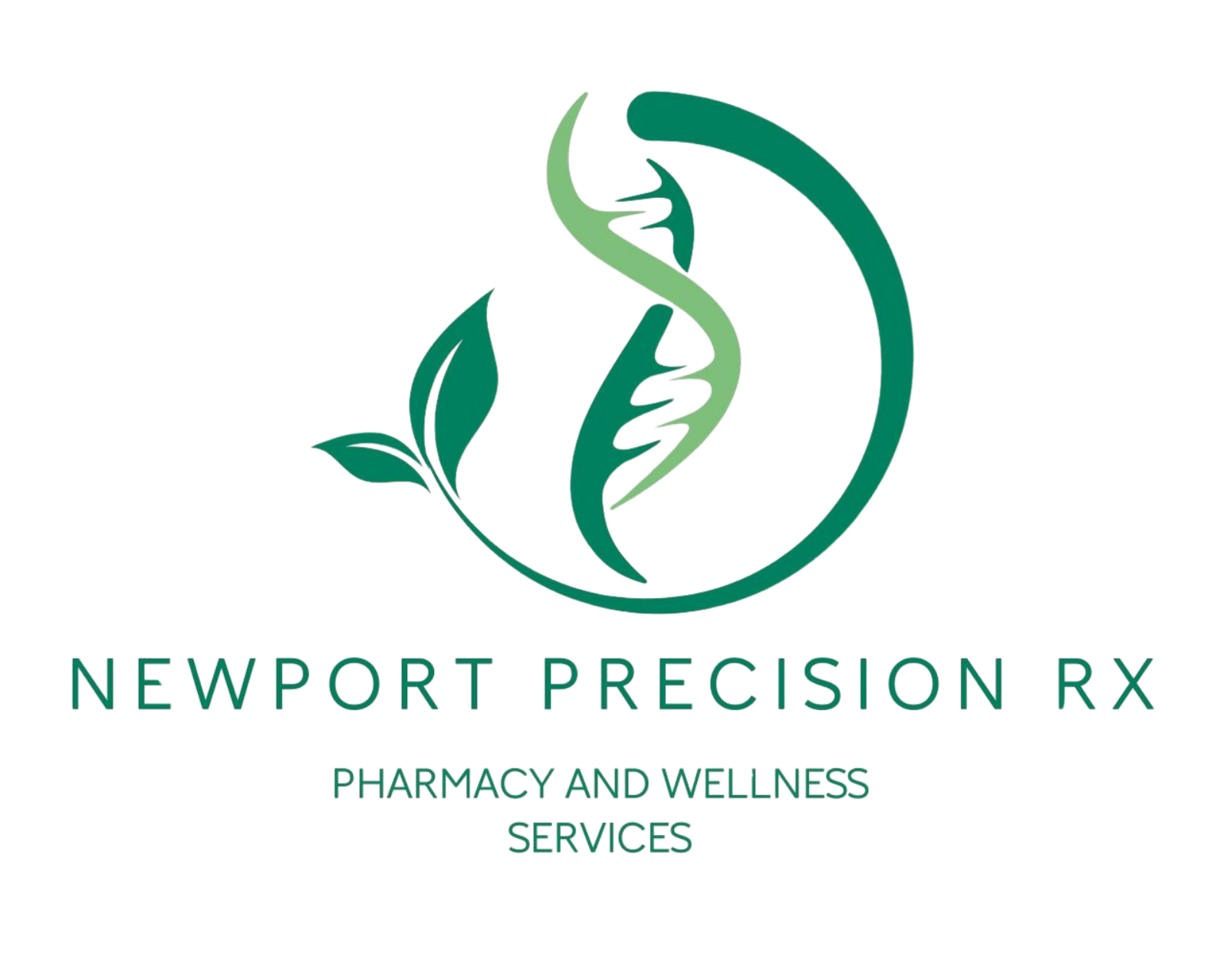 Newport Precision Rx logo featuring a green DNA helix and botanical leaf design