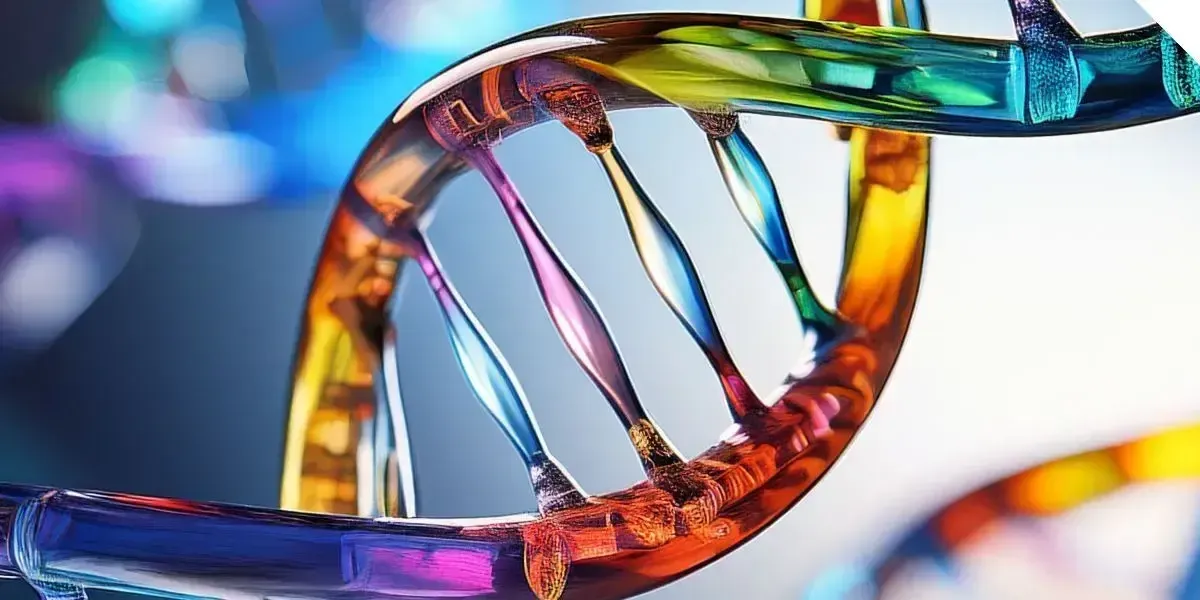 A glowing, colorful 3D rendering of a DNA double helix strand with vibrant rainbow-colored glass reflections.