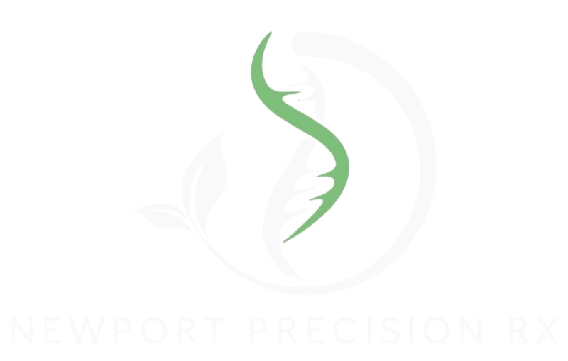 Green abstract spine logo above faint “Newport Precision Rx” text on white background