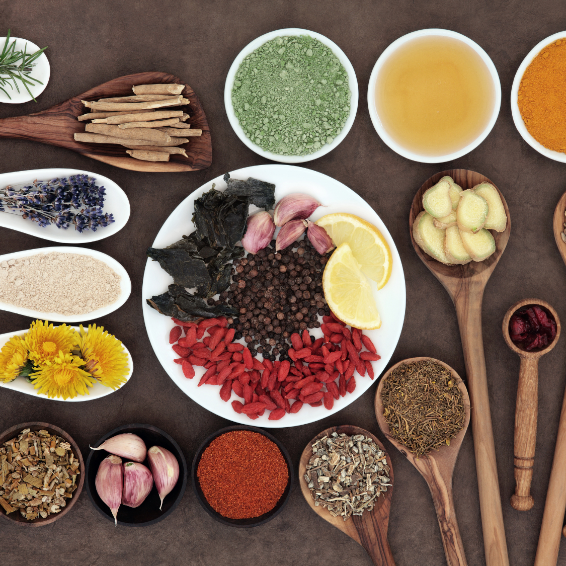 Assorted spices, herbs, and roots arranged on spoons and bowls around a central plate on a dark surface