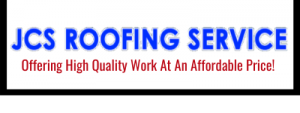 JCS Roofing Service logo with blue and red text and slogan: 