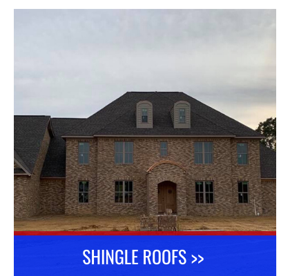 Brick house with dark shingle roof under cloudy sky, labeled “Shingle Roofs”