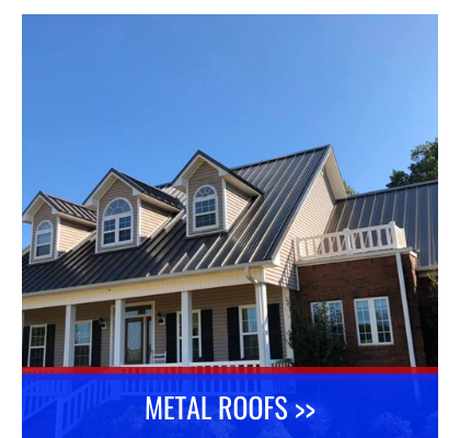 Suburban house with dark metal roof and blue banner reading “METAL ROOFS >>”