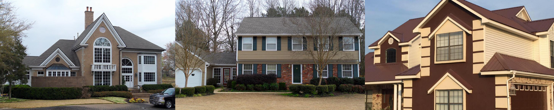 Row of suburban homes with manicured lawns and parked cars under bare trees