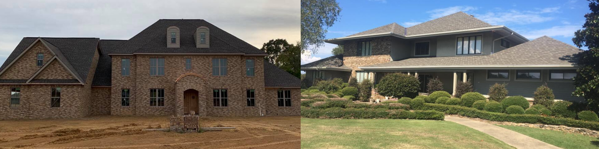 Two large suburban houses side by side, one brick and one tan with a manicured lawn.