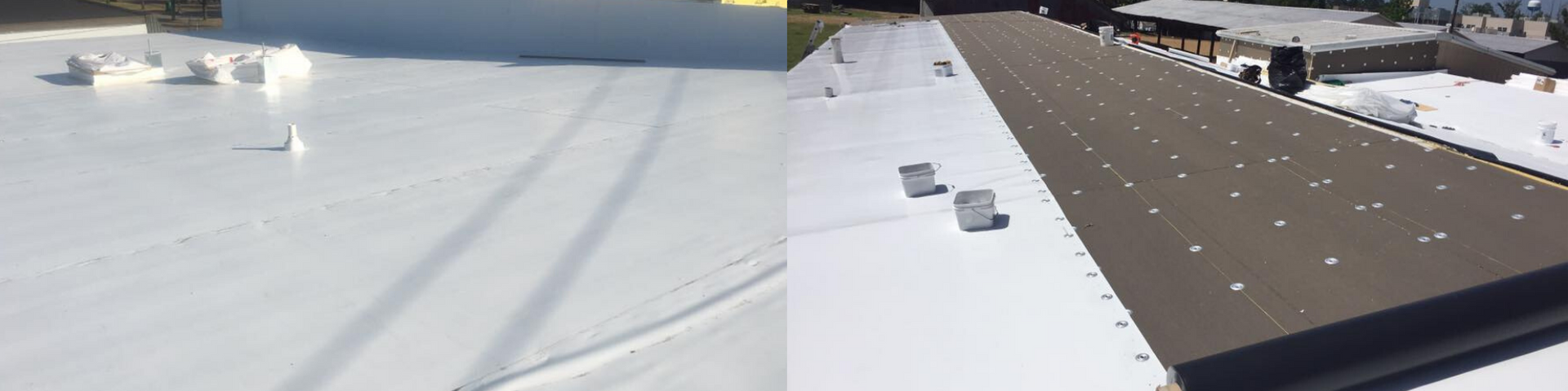 Snow-covered rooftop with HVAC units beside a dark roof section dotted with lights