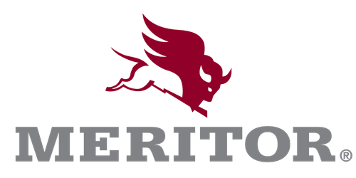 Meritor logo with a red winged bull icon above gray text on a white background