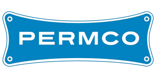 Blue PERMCO logo on a curved sign with white lettering and corner bolts