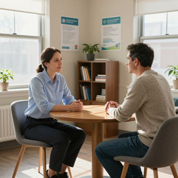 Individual counseling session between a therapist and client at Renova Recovery