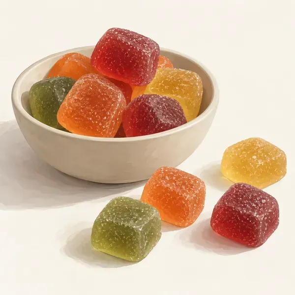 Colorful 7-OH gummies in a bowl that look like candy