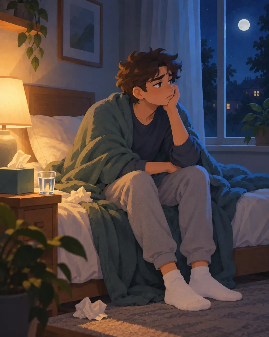 Young man sitting awake on his bed at night looking out the window, insomnia and low mood during post-acute 7-OH withdrawal
