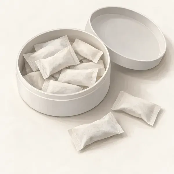 Tin of small oral pouches similar to nicotine pouches
