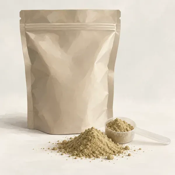 Pouch of 7-OH or kratom powder with a measuring scoop
