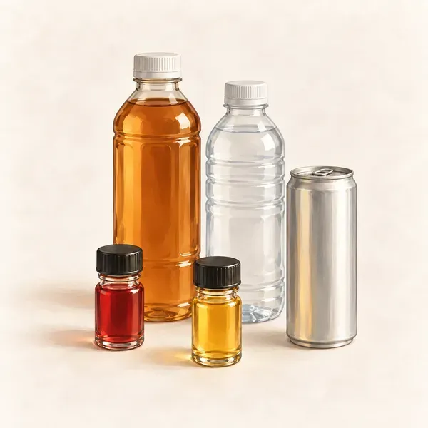 Small vials of liquid 7-OH shots next to bottled and canned 7-OH drinks