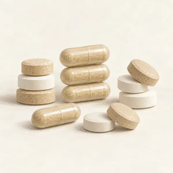 Mixed tablets and capsules representing stacking 7-OH with kratom and other products