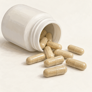 7-OH and kratom extract capsules spilling from a white bottle