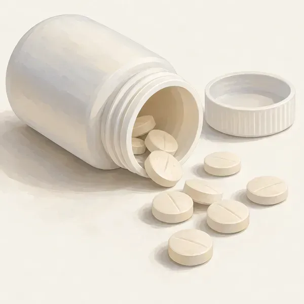 White 7-OH tablets spilling from an open pill bottle