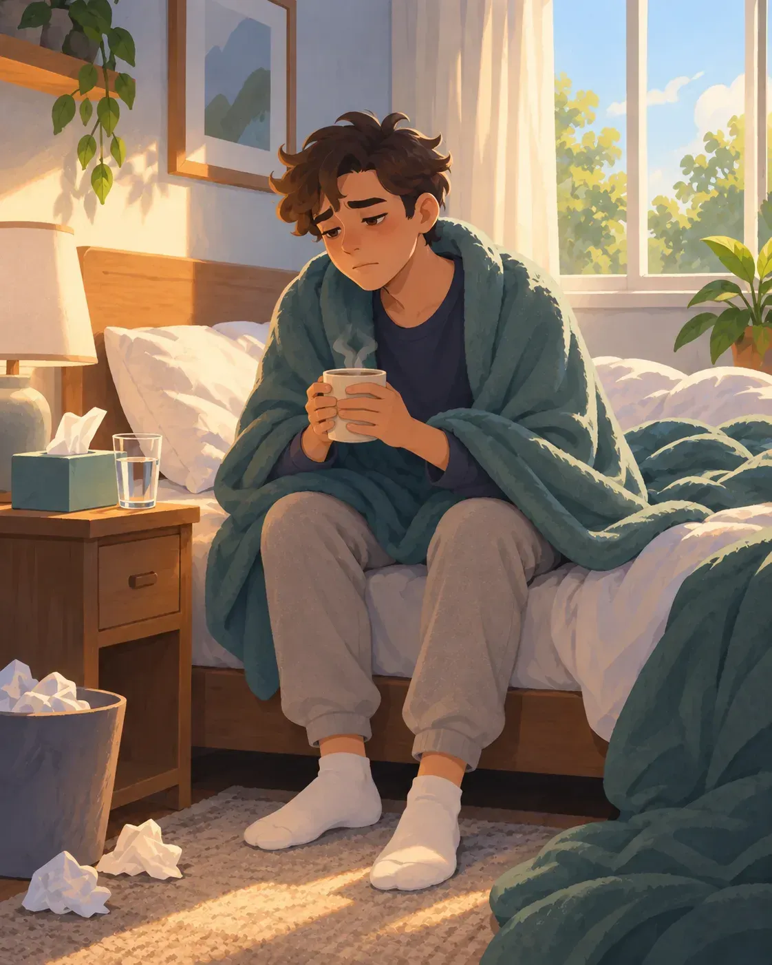 Tired young man wrapped in a blanket holding a warm mug in morning light as 7-OH withdrawal symptoms ease