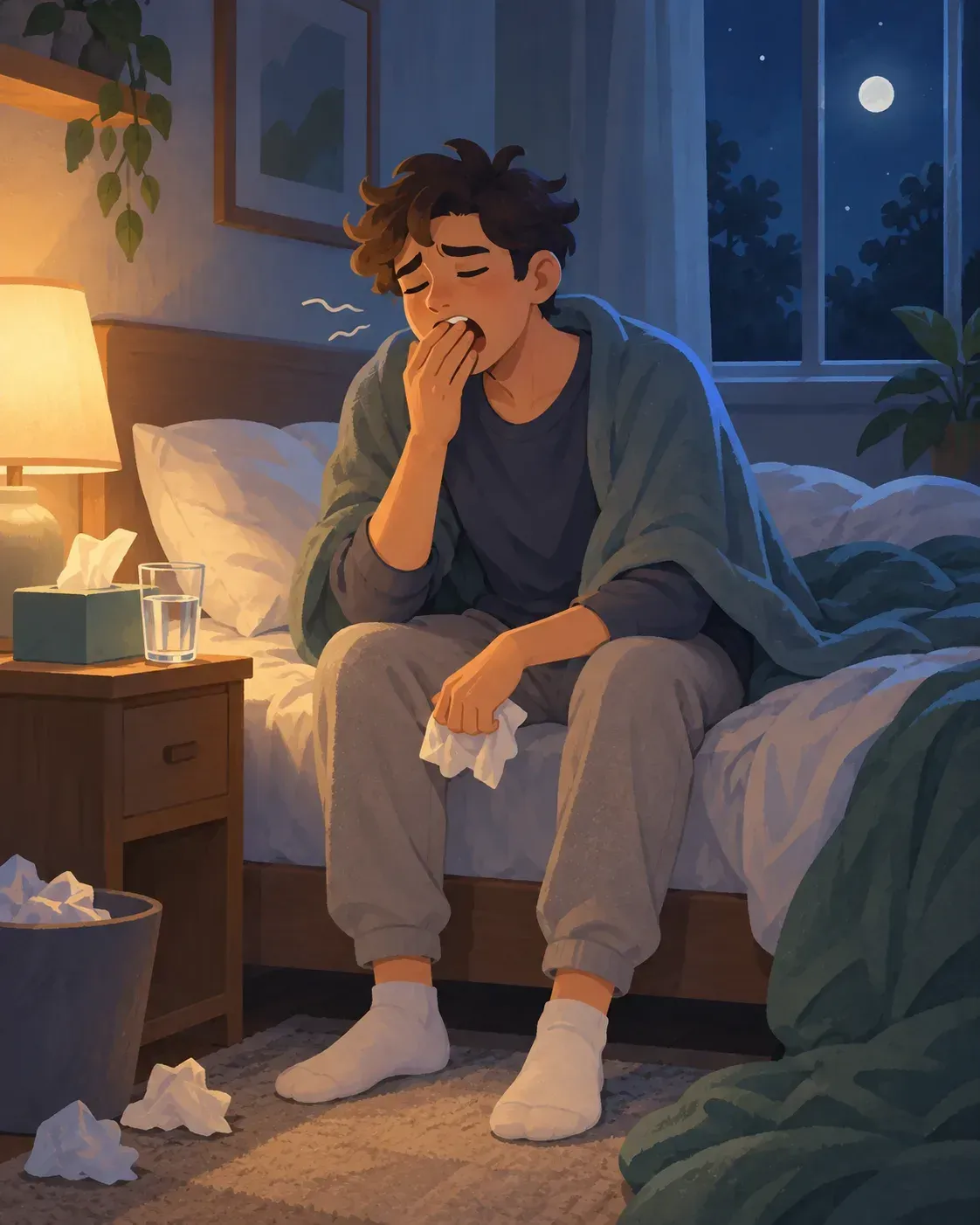 Young man yawning and wiping a runny nose on the edge of his bed at night, first signs of 7-OH withdrawal