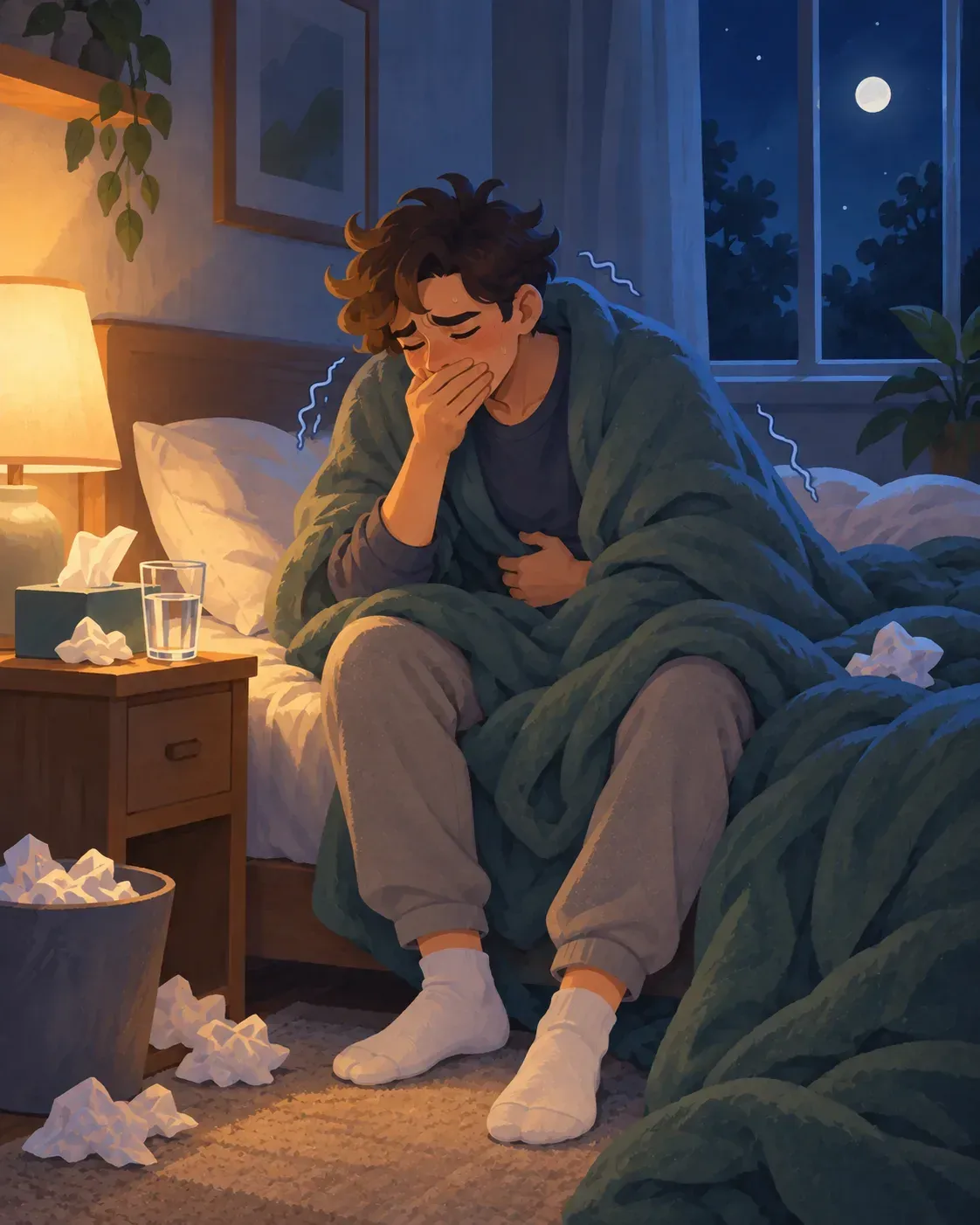 Young man wrapped in a blanket, shivering and holding his stomach with nausea during peak 7-OH withdrawal