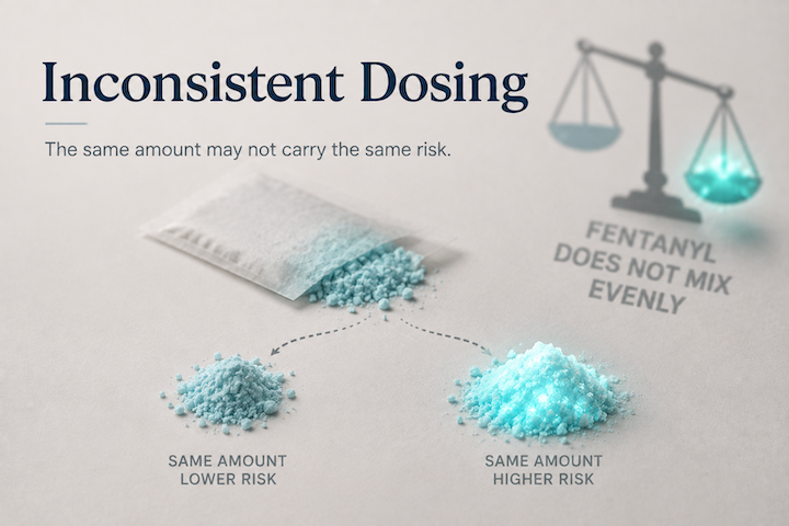Illustration showing uneven fentanyl potency in two portions from the same supply