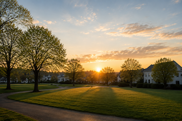 Sunset over a green park with trees, houses, and a winding path