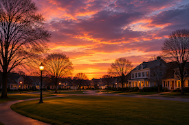 Sunset over a quiet neighborhood street with glowing orange clouds and silhouetted trees and houses.