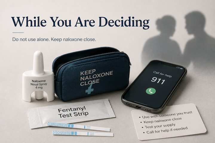 Naloxone, fentanyl test strips, and overdose prevention supplies for harm reduction
