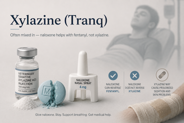 Xylazine and fentanyl awareness illustration with naloxone and overdose safety information