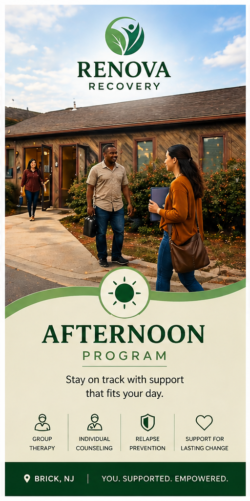 Renova Recovery afternoon program flyer with people walking outdoors on a sunny path