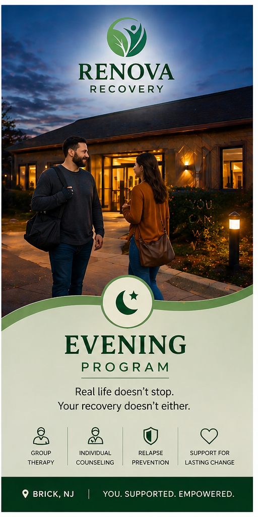 Renova Recovery evening program flyer with two people outside a warmly lit house at dusk