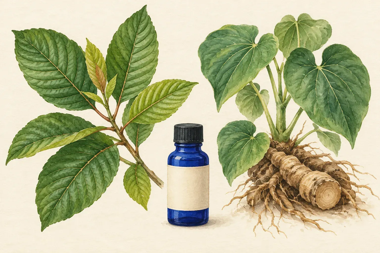 Watercolor of kratom leaves and kava root beside a blue tonic bottle, the two main Feel Free ingredients
