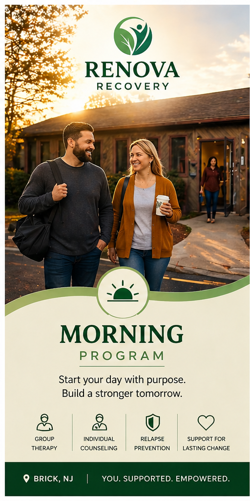 Renova Recovery morning program poster with two people walking outside at sunrise