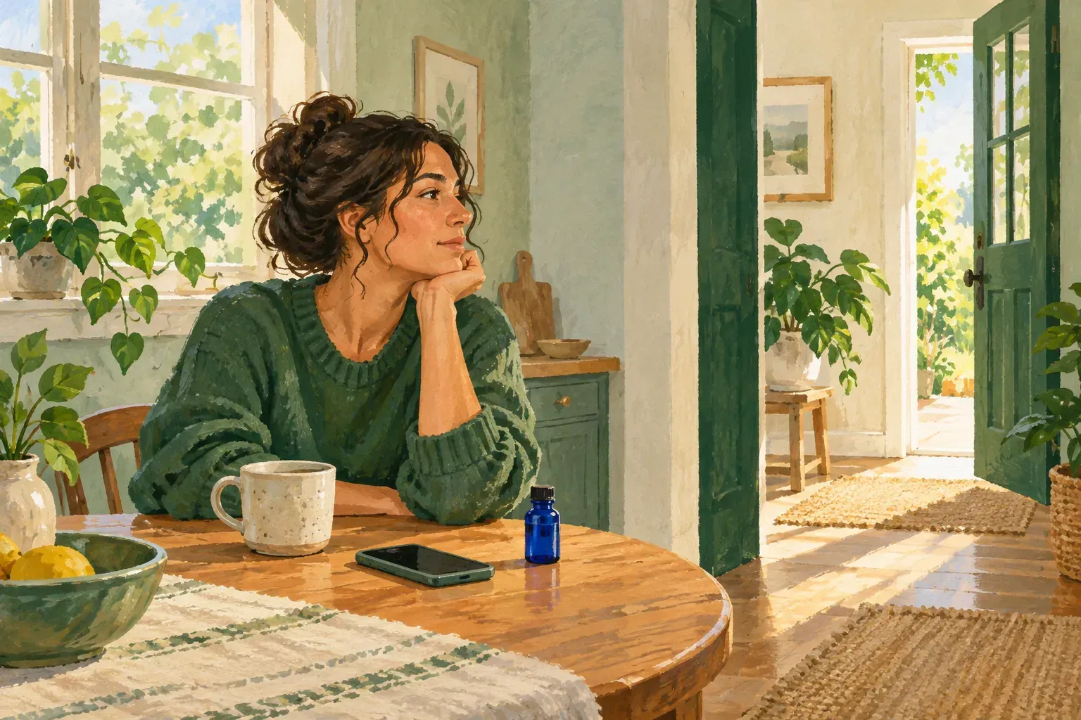 Woman sitting calmly at a kitchen table, thinking about quitting Feel Free