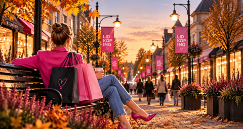 Tjej sitter på en bänk med shoppingkassar och en kaffe på en shoppinggata.
