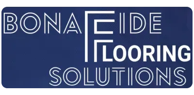 The logo for bona fide flooring solutions is blue and white