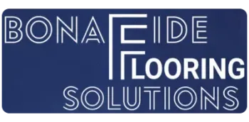 The logo for bona fide flooring solutions is blue and white