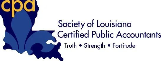 Logo for Society of Louisiana Certified Public Accountants, with blue Louisiana silhouette and 