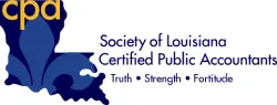 Logo for Society of Louisiana Certified Public Accountants, with blue Louisiana silhouette and 