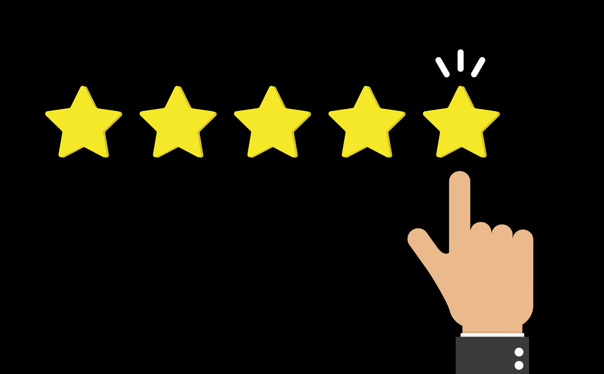a hand is pointing at a five star rating on a black background .